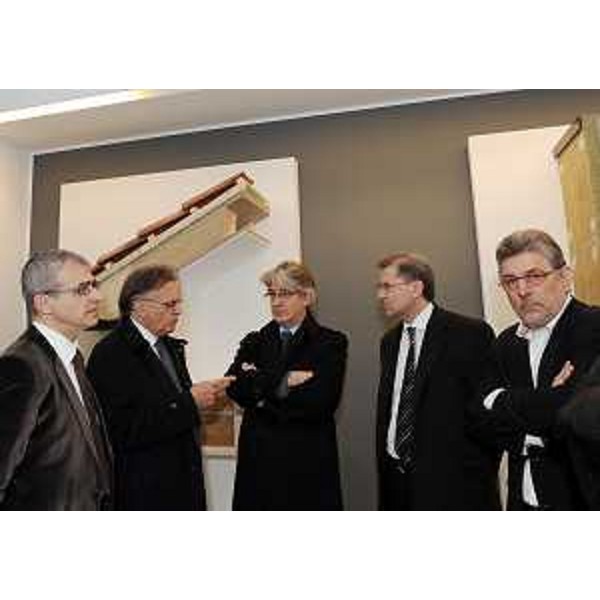Adriano Luci (Presidente Confindustria Udine), Nicola Plazzotta (Imprenditore), Renzo Tondo (Presidente Friuli Venezia Giulia), Edi Snaidero (Presidente Friulia) e Alessandro Colautti (Consigliere regionale) all'inaugurazione del nuovo stabilimento della Stratex SpA. (Palazzolo dello Stella 12/03/11)