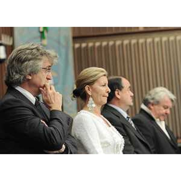 Renzo Tondo (Presidente Friuli Venezia Giulia), Sandra Savino (Assessore regionale Finanze, Patrimonio e Programmazione), Roberto Molinaro (Assessore regionale Istruzione, Università, Ricerca, Famiglia, Associazionismo e Cooperazione) ed Elio De Anna (Assessore regionale Cultura, Sport, Relazioni internazionali e comunitarie) in Consiglio regionale. (Trieste 27/09/11)