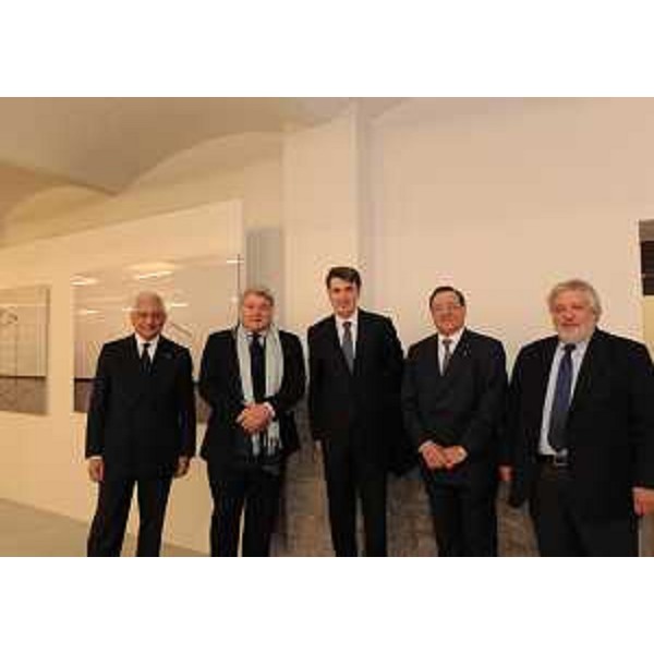 Alessandro Giacchetti (Commissario Governo in FVG e Prefetto Trieste), Elio De Anna (Assessore regionale Relazioni internazionali e comunitarie), Zarko Obradobic (Ministro Educazione e Scienze Serbia), Giuseppe Pizza (Sottosegretario Istruzione, Università e Ricerca) e Giorgio Rosso Cicogna (Segretario generale vicario InCE) all'apertura della riunione dei ministri della Scienza e della Tecnologia dell'InCE-Iniziativa Centro Europea, al Magazzino 26 del Porto Vecchio. (Trieste 18/10/11)