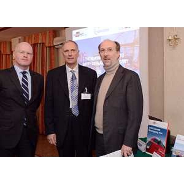 Erik Regter (Amministratore delegato Rail Cargo Austria), Fabrizio Zerbini (Amministratore delegato TMT-Trieste Marine Terminal) e Riccardo Riccardi (Assessore regionale Infrastrutture e Mobilità) all'Hotel Greif Maria Theresia. (Trieste 11/01/12)