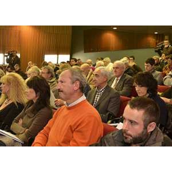 Platea in ascolto di Renzo Tondo (Presidente Friuli Venezia Giulia) che illustra ai sindaci dei 104 Comuni montani l'obiettivo del provvedimento "contributi per il sostegno all'utilizzo di prestazioni occasionali di tipo accessorio (voucher)", nella sede dell'Agemont. (Amaro 23/01/12)