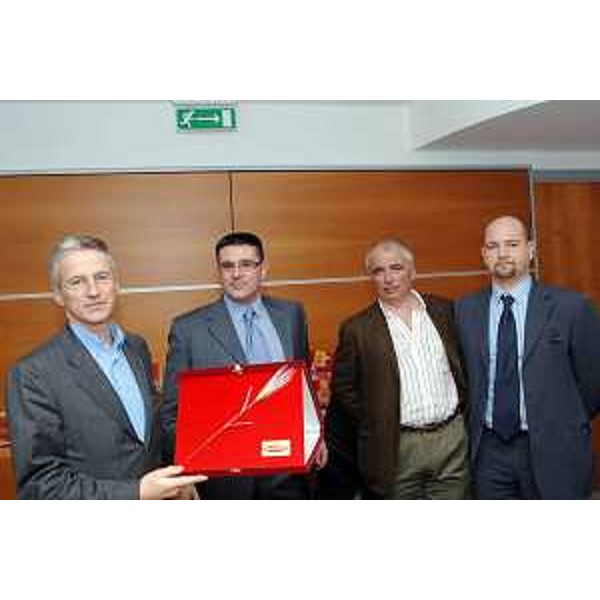 Riccardo Illy (Presidente Regione Friuli Venezia Giulia) con Furio Bragagnolo (Presidente di Pasta Zara), Federico Marescotti (Vicepresidente e Amministratore Delegato di Friulia) e Michele Degrassi (Amministratore Delegato di Friulia) all'inaugurazione della nuova linea di produzione di Pasta Zara. (Muggia 02/02/07)
