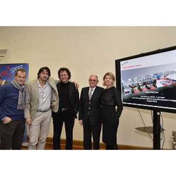 Fabrizio Nonis (Giornalista), Alessandro Gaetano (Direttore marketing TurismoFVG), Andro Merkù (Showman), Edi Sommariva (Direttore generale TurismoFVG) e Federica Seganti (Assessore regionale Attività produttive) alla presentazione dello stand del Friuli Venezia Giulia per la prossima BIT-Borsa Internazionale Turismo di Milano. (Trieste 02/02/12)