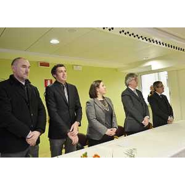 Maurizio Franz (Presidente Consiglio regionale), Stefano Balloch (Sindaco Cividale), Piera Beuzer (Presidente ASP), Renzo Tondo (Presidente Friuli Venezia Giulia) e Pietro Fontanini (Presidente Provincia UD) all'inaugurazione dell'ala ristrutturata dell'ASP Casa per Anziani. (Cividale del Friuli 11/02/12)
