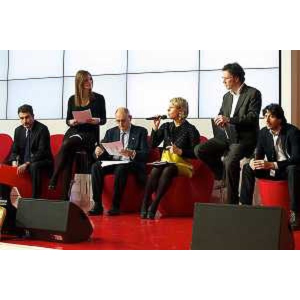 Giampiero Campajola (Responsabile area IT Agenzia TurismoFVG), Marina Presello (Giornalista), Edi Sommariva (Direttore generale Agenzia TurismoFVG), Federica Seganti (Assessore regionale Attività produttive), Andro Merkù (Showman) e Alessandro Gaetano (Direttore marketing Agenzia TurismoFVG) alla BIT-Borsa Internazionale Turismo. (Milano 17/02/12)