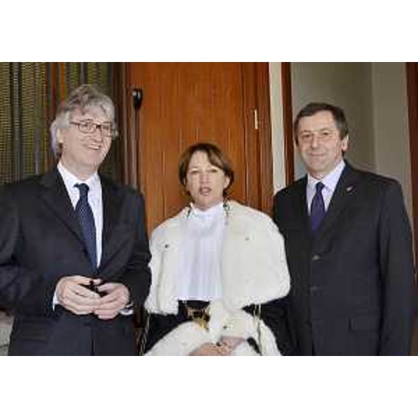 Renzo Tondo (Presidente Friuli Venezia Giulia), Cristiana Compagno (Rettore Università Udine) e Francesco Profumo (Ministro Istruzione, Università e Ricerca) all'inaugurazione del 34° Anno accademico dell'Ateneo udinese. (Udine 27/02/12)