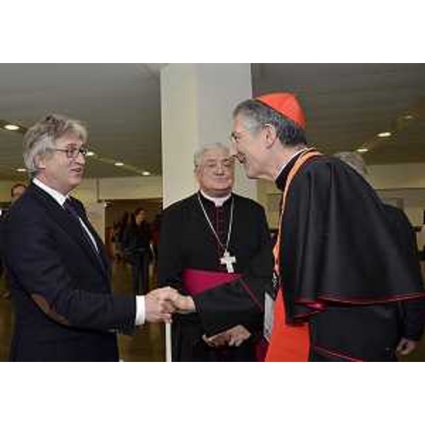 Renzo Tondo (Presidente Friuli Venezia Giulia), Dino De Antoni (Arcivescovo di Gorizia) e Francesco Moraglia (Patriarca di Venezia) in occasione del Convegno ecclesiale "Aquileia 2". (Grado 13/04/12)