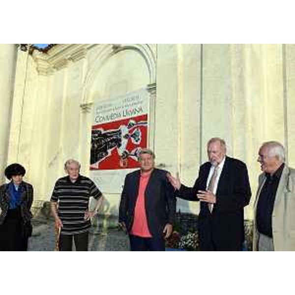 Joze Ciuha (Artista), Elio De Anna (Assessore regionale Cultura), Dimitrij Rupel (Console generale di Slovenia a Trieste) ed Enzo Cainero (Commissario Azienda speciale Villa Manin) all'inaugurazione della mostra "Joze Ciuha 1972-2012 Commedia umana - Mosaici e dipinti su tela e plexiglass" a Villa Manin. (Passariano 02/08/12)