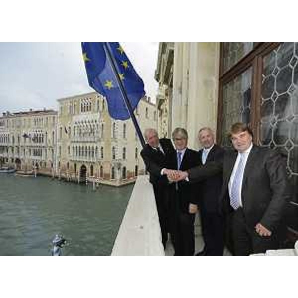 D.Rupel (Console generale Repubblica di Slovenia a Trieste), i presidenti R.Tondo (Friuli Venezia Giulia), G.Doerfler (Carinzia) e I.Jakovcic (Contea Istriana Croazia) a palazzo Balbi. (Venezia 27/11/12)