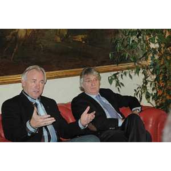 Gerhard Doerfler (Governatore Carinzia) e Renzo Tondo (Presidente Friuli Venezia Giulia) in occasione del seminario "Senza confini: Tarvisiano-Valcanale-Canal del Ferro. Proposte e azioni unitarie per un nuovo ciclo di sviluppo", in Consiglio regionale. (Trieste 12/12/12)