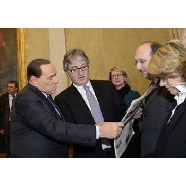 Silvio Berlusconi (Parlamentare), Renzo Tondo (Presidente Friuli Venezia Giulia), Riccardo Riccardi (Assessore regionale Infrastrutture Mobilità Pianificazione territoriale Lavori pubblici) e Marina Monassi (Presidente Autorità portuale Trieste) nella sede della Regione. (Trieste 04/02/13)