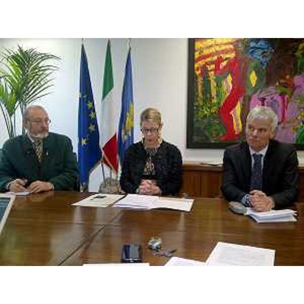 Marlino Peresson (Sindaco Arta Terme), Federica Seganti (Assessore regionale Attività produttive) e Claudio Riccobon (AD Casa di Cura Città di Udine spa). (Udine 26/02/13)