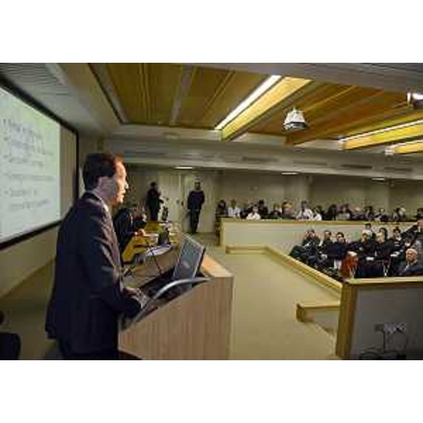 Luca Ciriani (Vicepresidente FVG e assessore regionale Salute) interviene alla cerimonia della posa (simbolica causa maltempo) della prima pietra del nuovo Campus del CRO-Centro di Riferimento Oncologico. (Aviano 26/03/13)