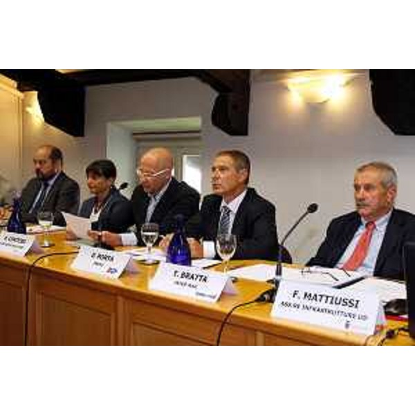 Il tavolo dei relatori del convegno “Crescita e Trasporti in Friuli Venezia Giulia” organizzato da InRail. (Udine 03/07/13)