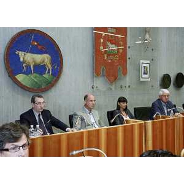 S.Bolzonello (Vicepresidente FVG e assessore regionale Attività produttive), S.Bergagna (Sindaco Buja), D.Serracchiani (Presidente Friuli Venezia Giulia) e I.Benvenuti (Presidente CIPAF) all'incontro sul CIPAF-Consorzio per lo sviluppo Industriale della zona Pedemontana Alto Friuli, in Municipio. (Buja 22/07/13)