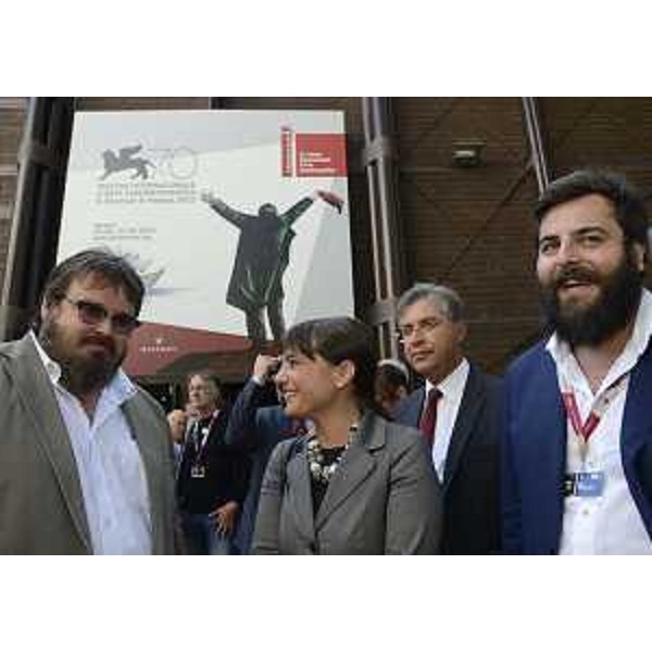 Giuseppe Battiston (Attore), Debora Serracchiani (Presidente Friuli Venezia Giulia), Francesco Peroni (Assessore regionale Finanze FVG) e Matteo Oleotto (Regista) alla proiezione di "Zoran, il mio nipote scemo". (Venezia Lido 03/09/13)