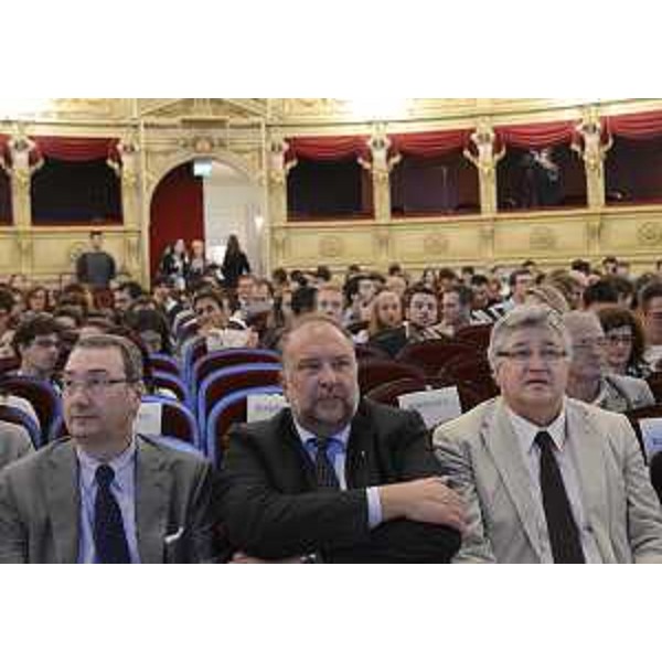 Sergio Bolzonello (Vicepresidente FVG e assessore regionale Attività produttive), Roberto Cosolini (Sindaco Trieste) e Alberto Felice De Toni (Rettore Università Udine) nel corso dell'incontro Nord Est Technology Transfer nell'ambito di Trieste Next, al Teatro Verdi. (Trieste 28/09/13)