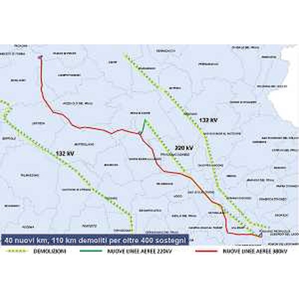 Dettaglio del tracciato dei 40 chilometri di elettrodotto a 380kV tra Udine Ovest e Redipuglia. Progetto Terna Rete Italia S.p.A.