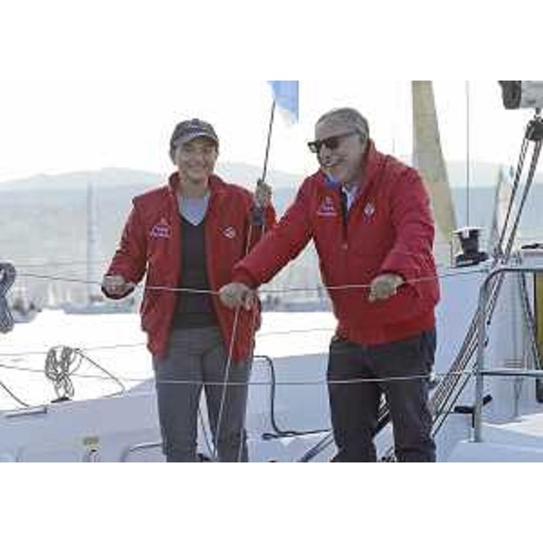 Debora Serracchiani (Presidente Friuli Venezia Giulia) e Vincenzo Spina (Presidente Società velica Barcola e Grignano) in regata alla quarantacinquesima Coppa d'Autunno "Barcolana". (Trieste 13/10/13)