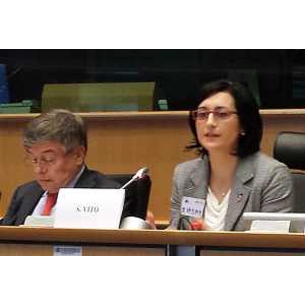 Flavio Zanonato (Ministro Sviluppo economico) e Sara Vito (Assessore regionale Ambiente ed Energia) alla conferenza su "Energia sostenibile: prospettive e strategie future", nella sede del Parlamento europeo. (Bruxelles 05/11/13)