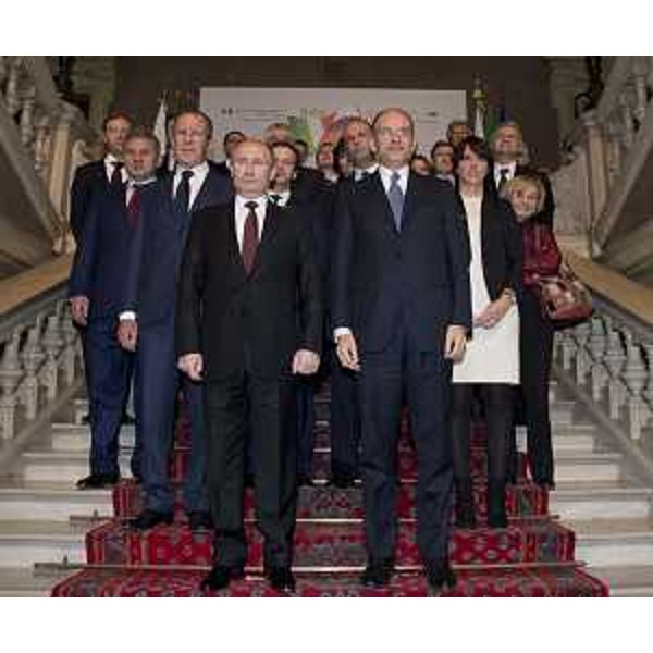 Vladimir Putin (Presidente Federazione Russa) ed Enrico Letta (Presidente Consiglio italiano), e delegazioni, al Vertice bilaterale Italia-Russia - Trieste 26/11/2013