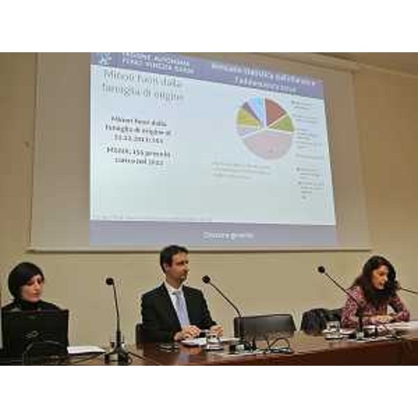 I direttori Gianluca Dominutti (Servizio Programmazione, Pianificazione strategica, Controllo Gestione e Statistica-direzione generale) e Roberta Sartor (Servizio Volontariato, Solidarietà e Immigrazione-direzione centrale Cultura, Sport e Solidarietà) alla presentazione dell'Annuario statistico sull'infanzia e sull'adolescenza 2014 - Trieste 31/03/2014