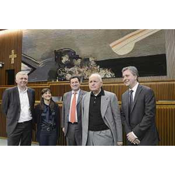 Pietro Paviotti (Consigliere regionale), Debora Serracchiani (Presidente Regione autonoma Friuli Venezia Giulia), Franco Iacop (Presidente Consiglio regionale), Giuseppe Zigaina, festeggiato per il novantesimo compleanno anche dalla Regione, e Gianluigi Savino (Sindaco Cervignano), in Consiglio regionale - Trieste 02/04/2014
