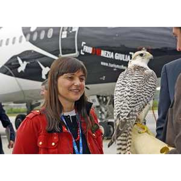 Debora Serracchiani (Presidente Friuli Venezia Giulia) e un addestratore con falco pellegrino per la difesa dei voli aerei da stormi di uccelli - Aeroporto di Ronchi dei Legionari 11/04/2014