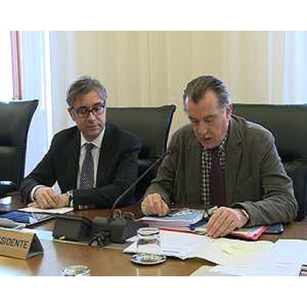 Francesco Peroni (Assessore regionale Finanze, Patrimonio, Coordinamento e Programmazione Politiche economiche e comunitarie) e Renzo Liva (Presidente I Commissione consiliare) durante l'audizione sulla situazione di Banca Mediocredito FVG, in Consiglio regionale - Trieste 16/04/2014
