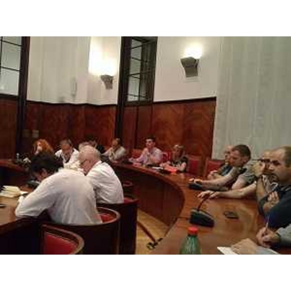 Rappresentanti dei lavoratori durante la riunione sulla vertenza Ideal Standard, al MiSE-Ministero dello Sviluppo Economico - Roma 22/05/2014