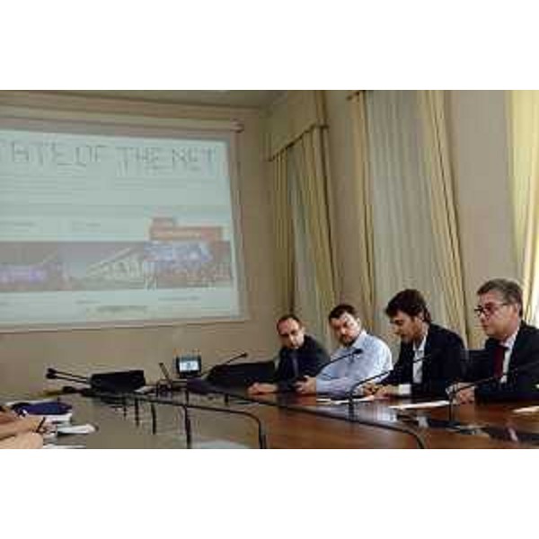 Sergio Maistrello, Paolo Valdemarin, Beniamino Pagliaro (Creatori State of the Net) e Francesco Peroni (Assessore regionale Finanze, Patrimonio, Coordinamento e Programmazione Politiche economiche e comunitarie) alla presentazione di "State of the Net", conferenza sullo stato di internet in Italia in programma a Trieste dal 12 al 14 giugno - Trieste 11/06/2014