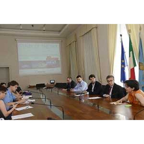 Sergio Maistrello, Paolo Valdemarin, Beniamino Pagliaro (Creatori State of the Net), Francesco Peroni (Assessore regionale Finanze, Patrimonio, Coordinamento e Programmazione Politiche economiche e comunitarie) e Fabiana Martini (Vicesindaco Trieste) alla presentazione di "State of the Net", conferenza sullo stato di internet in Italia in programma a Trieste dal 12 al 14 giugno - Trieste 11/06/2014