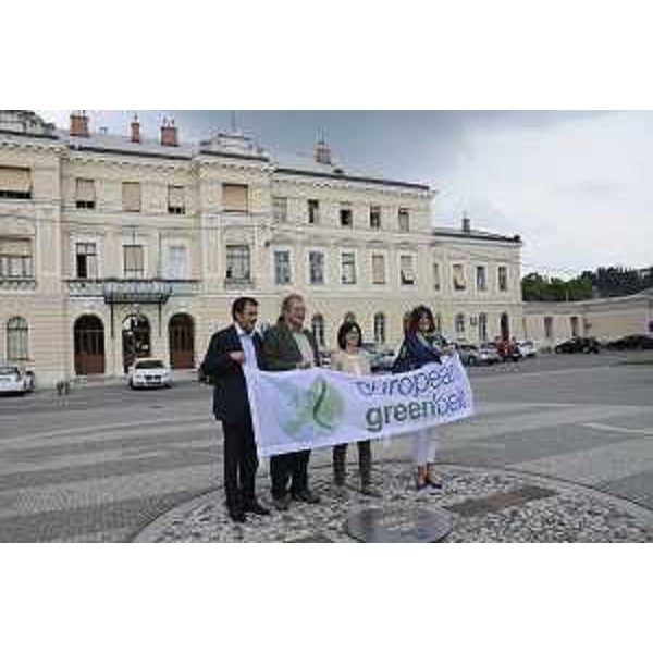 Matej Arcon (Sindaco Nova Gorica), Hubert Weiger [Presidente Bund (alleanza) 'Amici della Terra'], Sara Vito (Assessore Ambiente FVG) e Arianna Bellan (Assessore Programmazione economica Comune Gorizia), in Piazza della Transalpina - Gorizia 28/07/2014