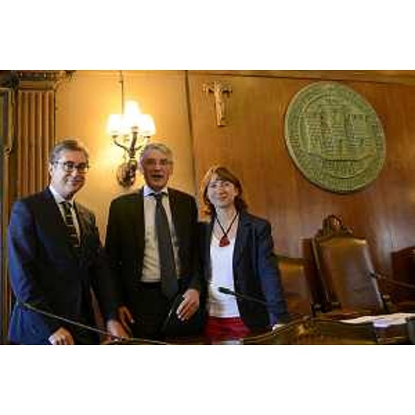 Francesco Peroni (Assessore regionale Finanze, Patrimonio, Coordinamento e Programmazione Politiche economiche e comunitarie), Filiberto Zovico (Direttore Trieste Next - Salone europeo Ricerca scientifica) e Antonella Grim (Assessore Educazione, Università e Ricerca Comune Trieste) alla conferenza stampa di presentazione di "Trieste Next 2014 - EnergEthic" (26-27-28 settembre), nella Sala del Consiglio comunale - Trieste 18/09/2014