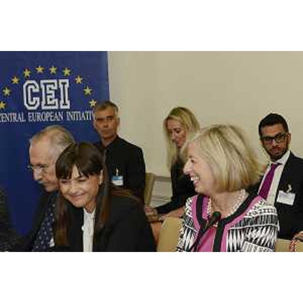 Debora Serracchiani (Presidente Regione Friuli Venezia Giulia) e Stefania Giannini (Ministro Istruzione, Università e Ricerca) al meeting ministeriale CEI - Central European Initiative su Scienza e Tecnologia, al Savoia Excelsior Palace - Trieste 24/09/2014