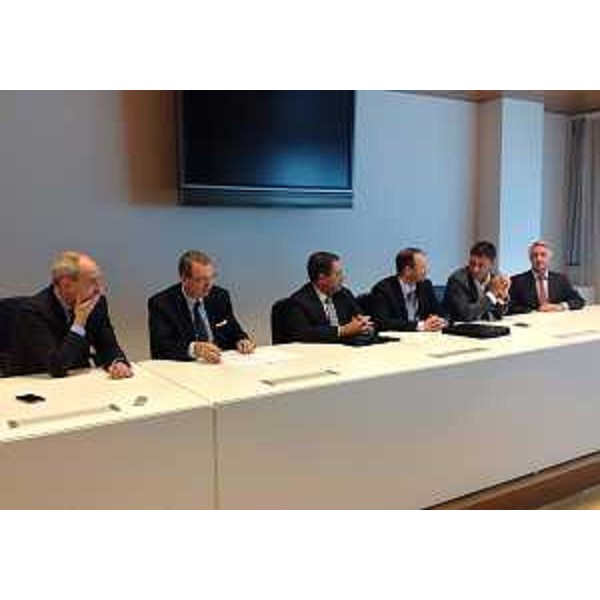 Pietro Del Fabbro (Presidente CdA Friulia Finanziaria FVG S.p.A.), Sergio Bolzonello (Vicepresidente Regione FVG e assessore regionale Attività produttive), Richard Gabbianelli (Presidente CdA Mangiarotti S.p.A. e vicepresidente senior WEC - Westinghouse Electric Company LLC), Josselin Gillot (Direttore generale Mangiarotti S.p.A.), Matteo Tonon (Presidente Confindustria Udine) e Andrea Oddi (Advisor CdA Mangiarotti S.p.A.) - Udine 24/09/2014