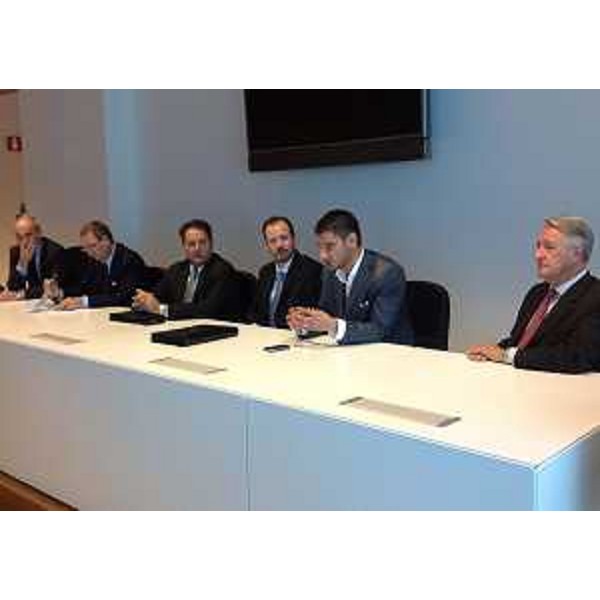 Pietro Del Fabbro (Presidente CdA Friulia Finanziaria FVG S.p.A.), Sergio Bolzonello (Vicepresidente Regione FVG e assessore regionale Attività produttive), Richard Gabbianelli (Presidente CdA Mangiarotti S.p.A. e vicepresidente senior WEC - Westinghouse Electric Company LLC), Josselin Gillot (Direttore generale Mangiarotti S.p.A.), Matteo Tonon (Presidente Confindustria Udine) e Andrea Oddi (Advisor CdA Mangiarotti S.p.A.) - Udine 24/09/2014