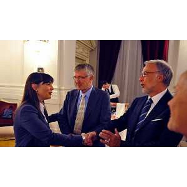 Debora Serracchiani (Presidente Regione Friuli Venezia Giulia), Carlo Salvatori (Presidente "Italia 2014) e Franco Sterpin Rigutti (Presidente Comitato Organizzatore Locale Campionati mondiali Pallavolo femminile a Trieste) alla serata ufficiale offerta alle delegazioni straniere ed ai vertici del volley internazionale, in occasione dei Campionati del Mondo di Pallavolo femminile, in Prefettura - Trieste 26/09/2014