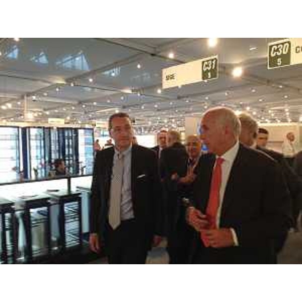 Sergio Bolzonello (Vicepresidente Regione FVG e assessore regionale Attività produttive) e Carlo Giobbi (Organizzatore SICAM) all'inaugurazione della sesta edizione di SICAM, Salone Internazionale dei Componenti, Accessori e semilavorati per l'industria del Mobile - Pordenone Fiere 14/10/2014