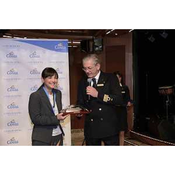 Debora Serracchiani (Presidente Regione Friuli Venezia Giulia) e Massimo Garbarino (Comandante Costa Crociere) a bordo della Costa Diadema, "Regina del Mediterraneo", nuova ammiraglia di Costa Crociere attraccata oggi a Trieste, primo Porto raggiunto dalla nave dopo la partenza dallo stabilimento Fincantieri di Marghera (VE) dove è stata costruita - Stazione Marittima, Trieste 31/10/2014