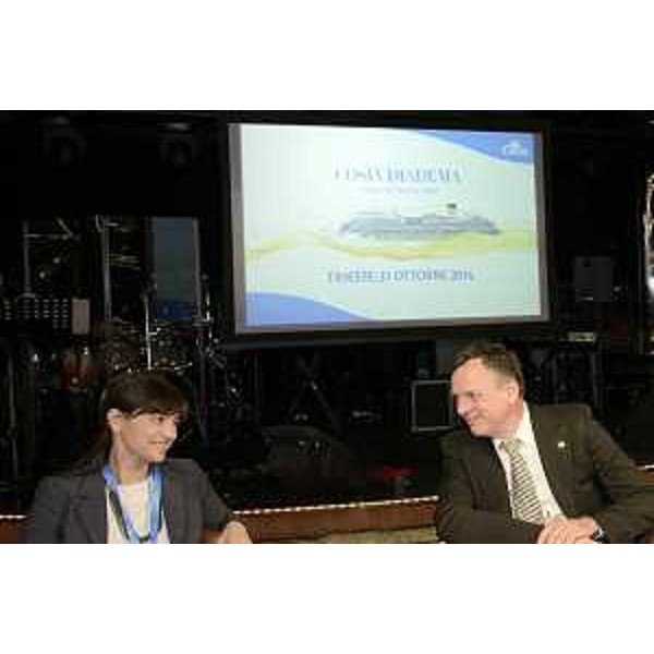 Debora Serracchiani (Presidente Regione Friuli Venezia Giulia) e Michael Thamm (Amministratore delegato Costa Crociere S.p.A.) a bordo della Costa Diadema, "Regina del Mediterraneo", nuova ammiraglia di Costa Crociere attraccata oggi a Trieste, primo Porto raggiunto dalla nave dopo la partenza dallo stabilimento Fincantieri di Marghera (VE) dove è stata costruita - Stazione Marittima, Trieste 31/10/2014