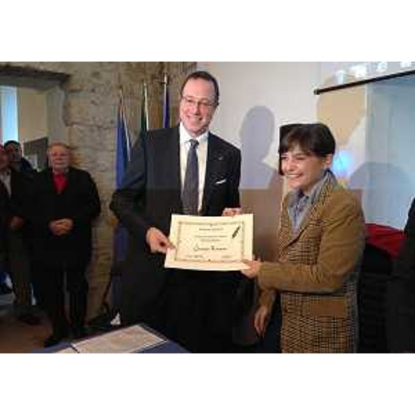 Christian Romanini (Direttore Tiere Furlane/Terra Friulana) e Debora Serracchiani (Presidente Regione Friuli Venezia Giulia) all'inaugurazione del Museo della scrittura "Opificium librorum", al Castello di San Pietro - Ragogna 08/11/2014