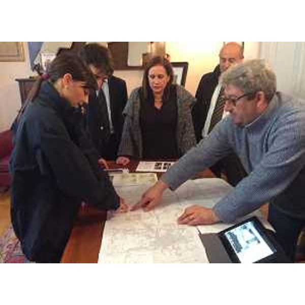 Debora Serracchiani (Presidente Regione Friuli Venezia Giulia) con i sindaci Monica Bertolini e Andrea Pozzo (Campoformido e Pasian di Prato) sulla situazione del torrente Lavia, in Municipio - Campoformido 12/11/2014