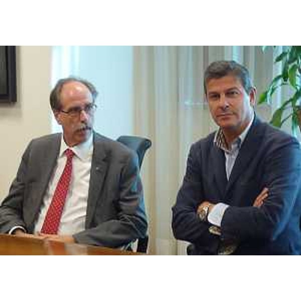 Gianni Torrenti (Assessore regionale Sport) e Claudio Bardini (Presidente provinciale FIP Udine) alla conferenza stampa di presentazione del Campionato europeo di Pallacanestro maschile Under 20 "Lignano 2015" - Udine 10/12/2014