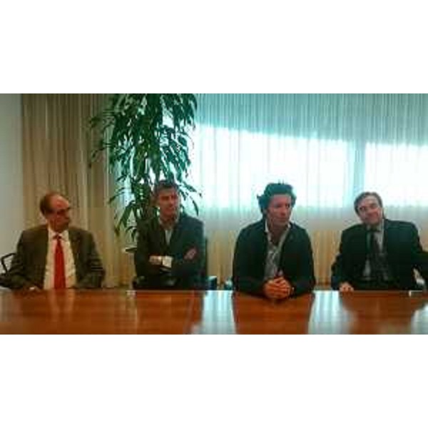 Gianni Torrenti (Assessore regionale Sport), Claudio Bardini (Presidente provinciale FIP Udine), Vico Meroi (Vicesindaco Lignano Sabbiadoro) e Furio Cepile (Direttore generale GE.TUR) alla conferenza stampa di presentazione del Campionato europeo di Pallacanestro maschile Under 20 "Lignano 2015" - Udine 10/12/2014