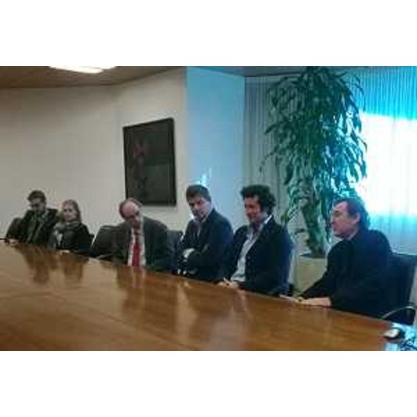Gianni Torrenti (Assessore regionale Sport), Claudio Bardini (Presidente provinciale FIP Udine), Vico Meroi (Vicesindaco Lignano Sabbiadoro) e Furio Cepile (Direttore generale GE.TUR) alla conferenza stampa di presentazione del Campionato europeo di Pallacanestro maschile Under 20 "Lignano 2015" - Udine 10/12/2014