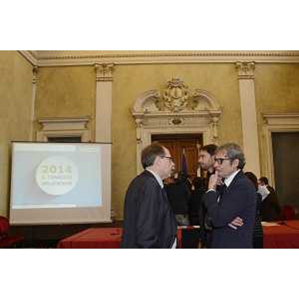 Gianni Torrenti (Assessore regionale Cultura) e i consiglieri regionali Cristiano Shaurli e Giulio Lauri alla conferenza stampa di fine anno "2014 il coraggio delle scelte", nella sede della Regione FVG in piazza Unità d'Italia - Trieste 19/12/2014