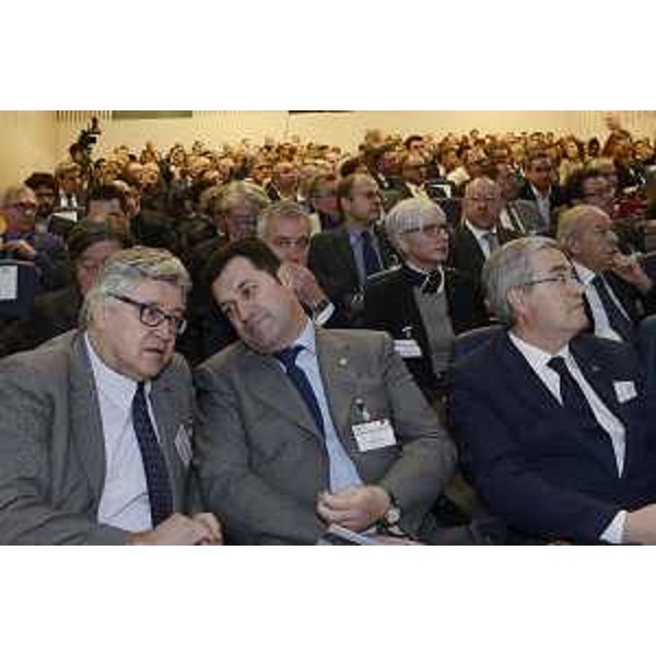 Alberto Felice De Toni (Rettore Università Udine), Franco Iacop (Presidente Consiglio regionale) e Pietro Fontanini (Presidente Provincia Udine) all' "Incontro sul territorio" dedicato dall'Associazione Bancaria Italiana (ABI) al FVG - Udine 24/01/2015