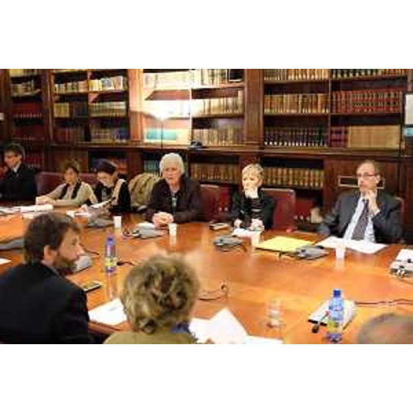 Tavolo della prima riunione della Commissione per le celebrazioni del 40° anniversario della morte di Pier Paolo Pasolini, con Dario Franceschini [Ministro Beni e Attività Culturali e Turismo (MiBACT)] e Gianni Torrenti (Assessore regionale Cultura), al MiBACT - Roma 05/02/2015