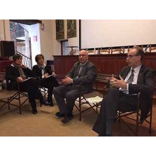 Raffaella Sgubin (Sovrintendente Musei Provinciali Gorizia), Alessandra Martina (Conservatrice Museo Grande Guerra Gorizia), Federico Portelli (Assessore Cultura Provincia Gorizia) e Gianni Torrenti (Assessore regionale Cultura) alla conferenza stampa di presentazione dell'Accordo di collaborazione tra Regione FVG e Provincia di Gorizia per il riallestimento del Museo della Grande Guerra, nella sede dei Musei Provinciali di Borgo Castello - Gorizia 10/02/2015